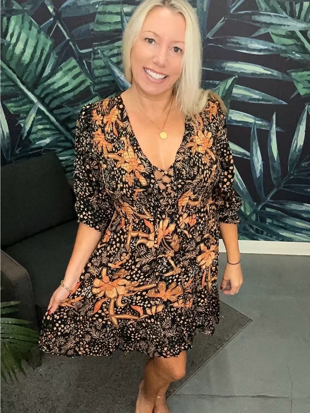Women's Black Floral Lace-Up V-Neck Dress
